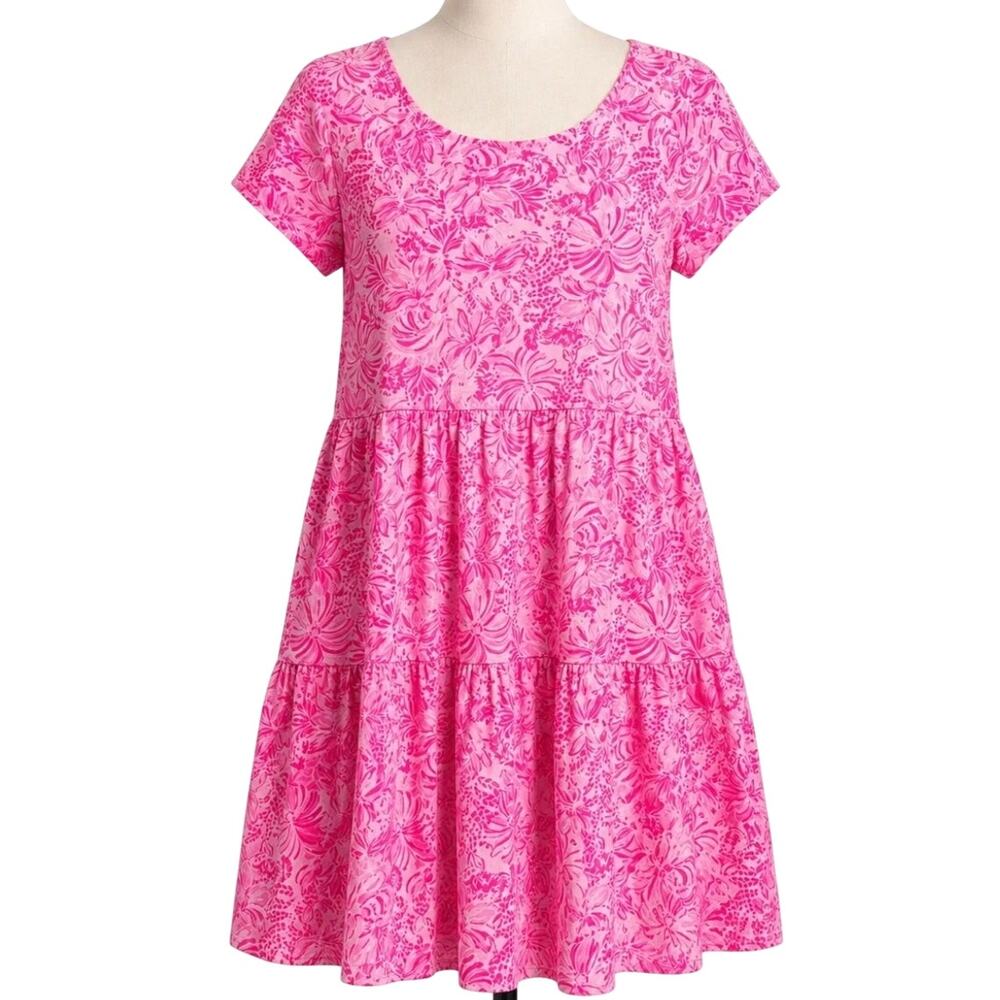 Lilly Pulitzer Geanna short sleeve Pink Blossom Foxy Llama Tiered Dress size M